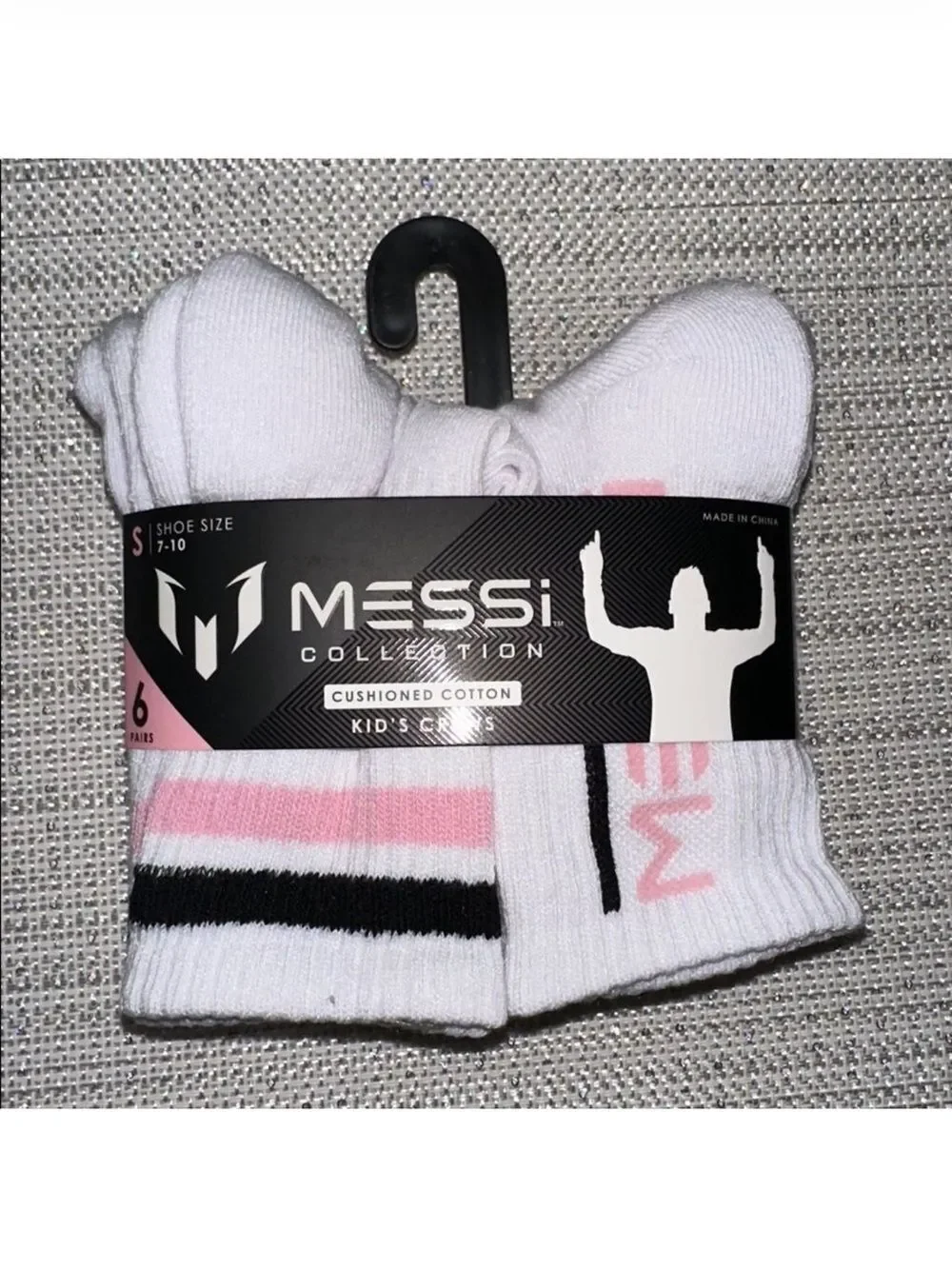 MESSI White Pink Black Boys Girls Big 10 Half Cushion Quarter Crew Socks